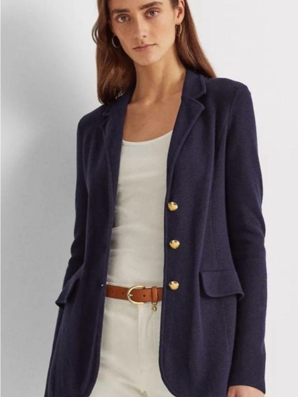 Lauren Ralph Lauren Navy Blue Knit Blazer Gold Buttons Large Preppy Academia